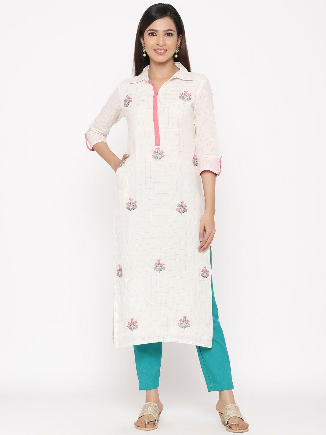 jaipur kurti women off white & pink embroidered kurta