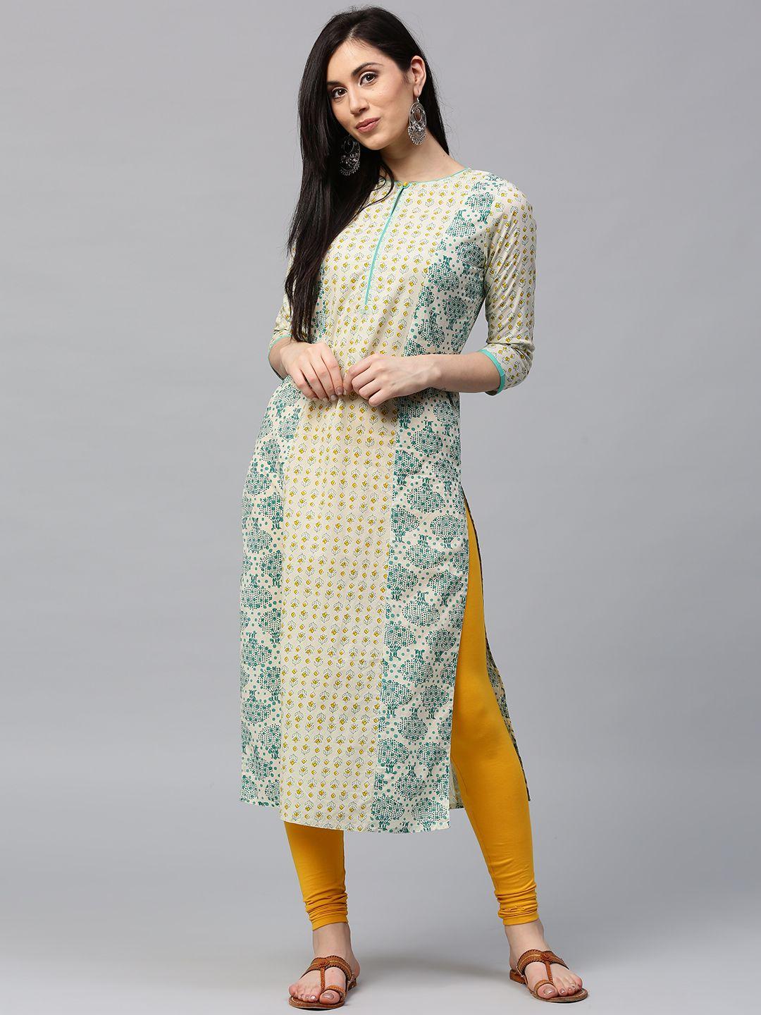 jaipur kurti women off-white & green printed straight kurta