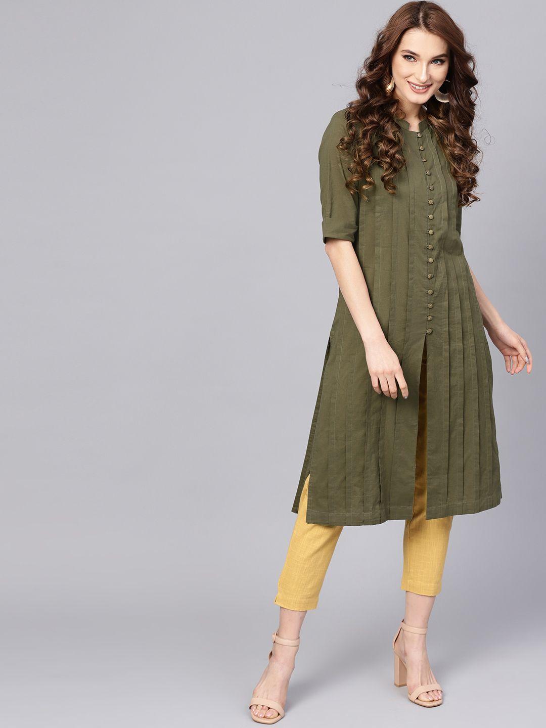 jaipur kurti women olive green & mustard yellow solid kurta with trousers
