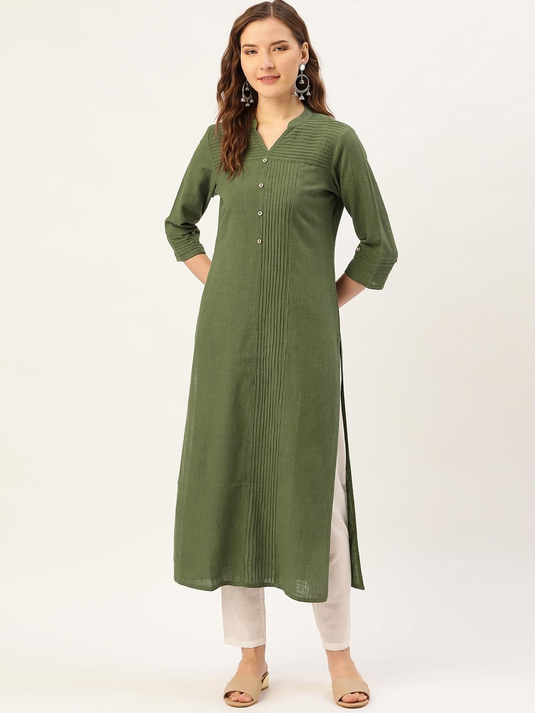 jaipur kurti women olive green solid pleated detail straight kurta