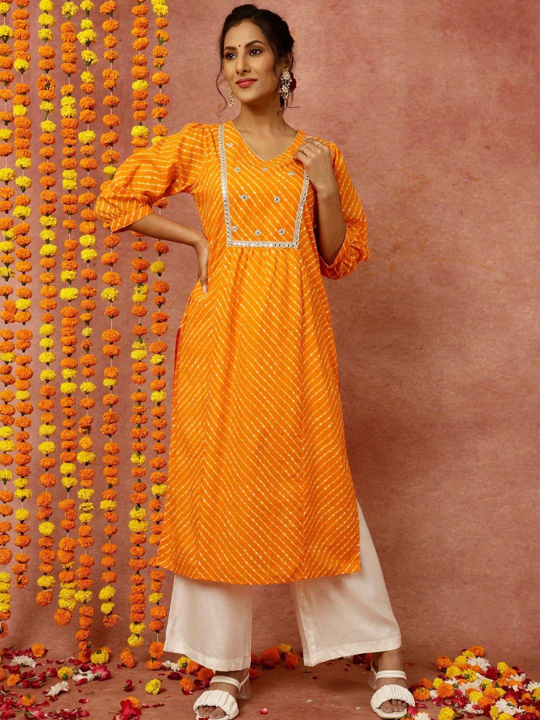 jaipur kurti women orange floral printed flared sleeves mirror work kurta