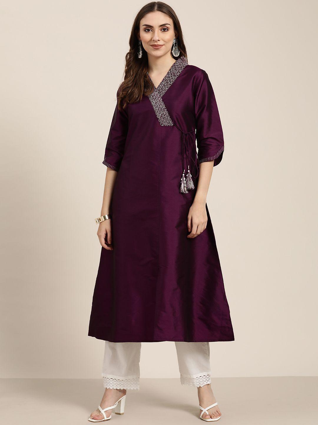 jaipur kurti women purple shawl neck kurta