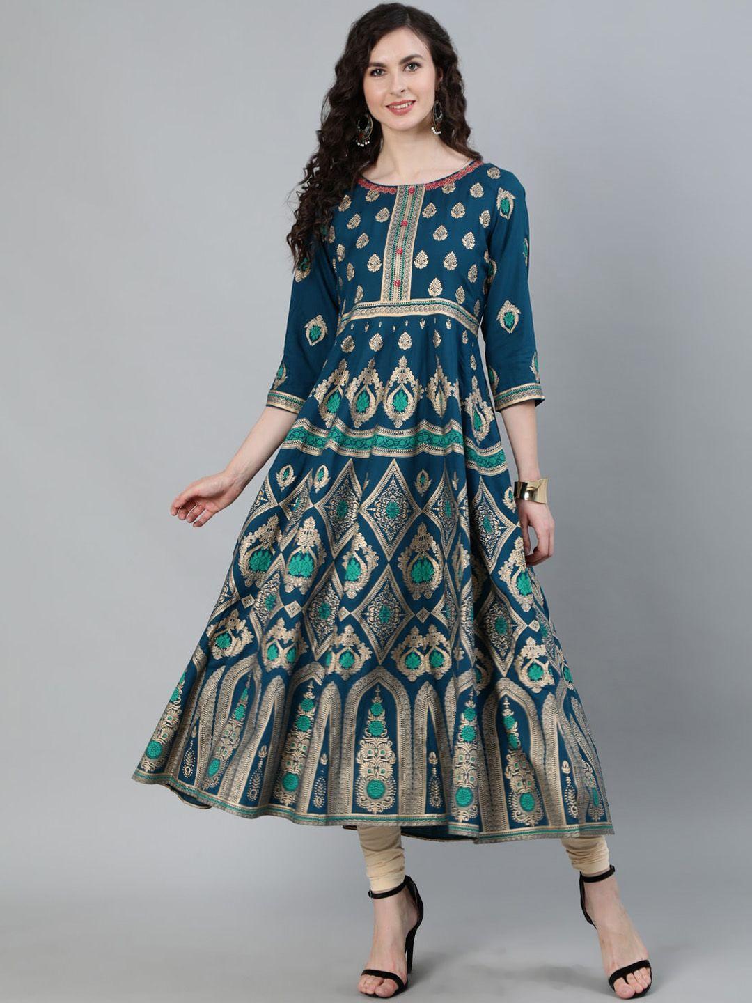 jaipur kurti women turquoise blue & gold ethnic motifs printed handloom anarkali kurta
