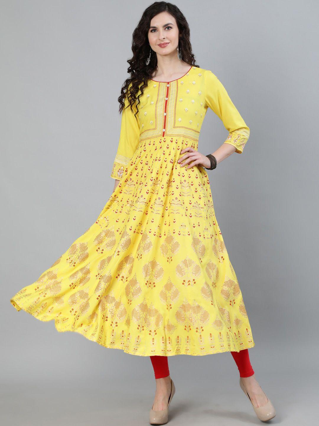 jaipur kurti women yellow & red printed handloom anarkali kurta