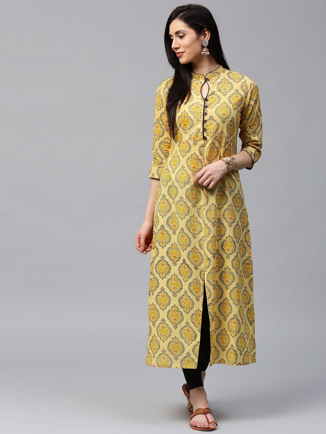 jaipur kurti women yellow printed a-line kurta