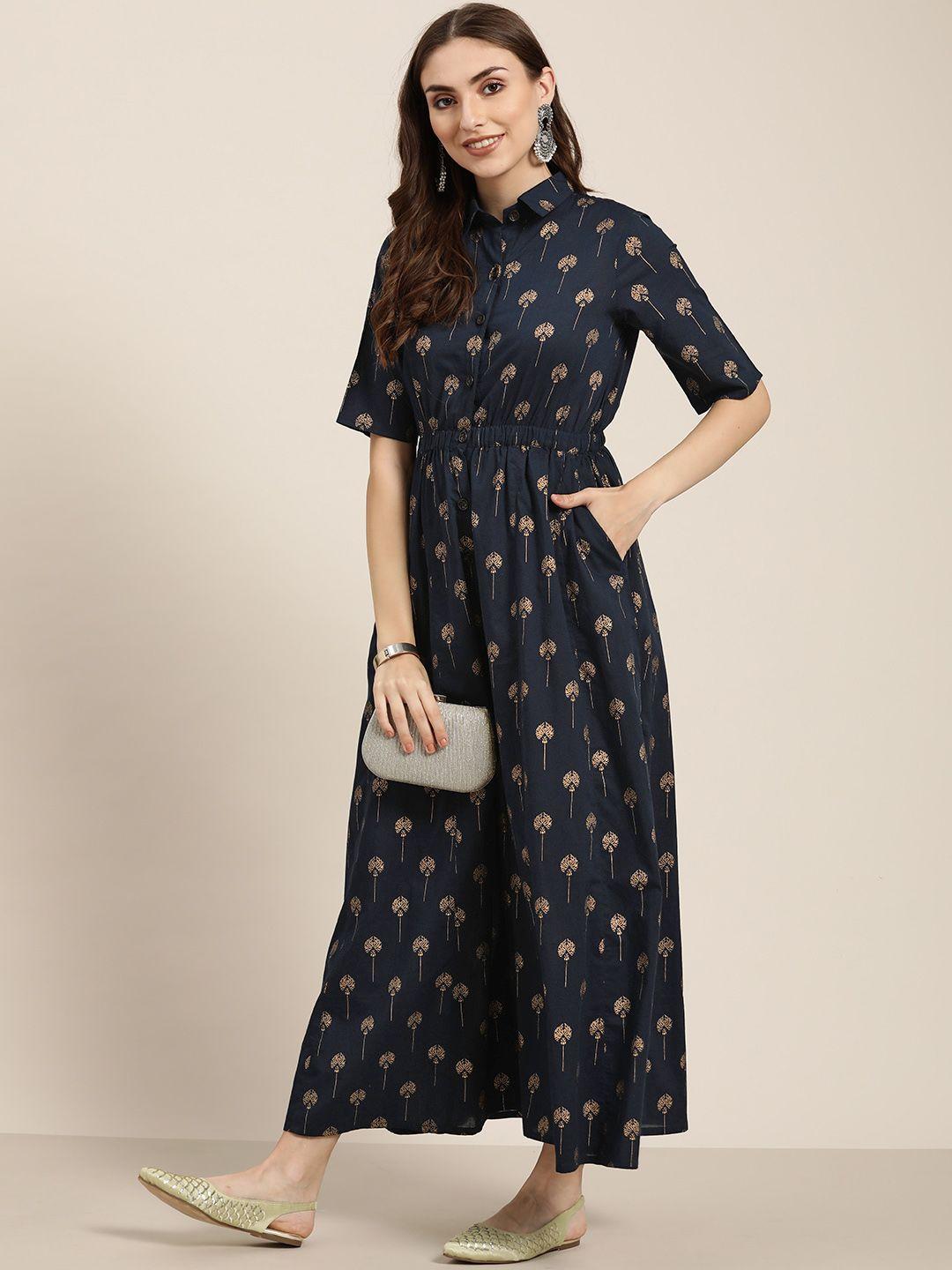 jaipur kurti womn navy blue & golden printed pure cotton basic ethnic jumpsuit