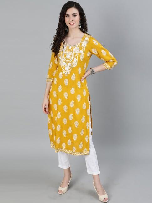 jaipur kurti yellow embroidered straight kurta