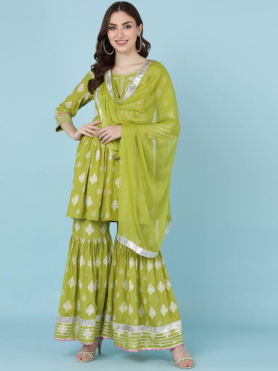 jaipur prime women lime green ethnic motifs pleated kurta with sharara & with dupatta