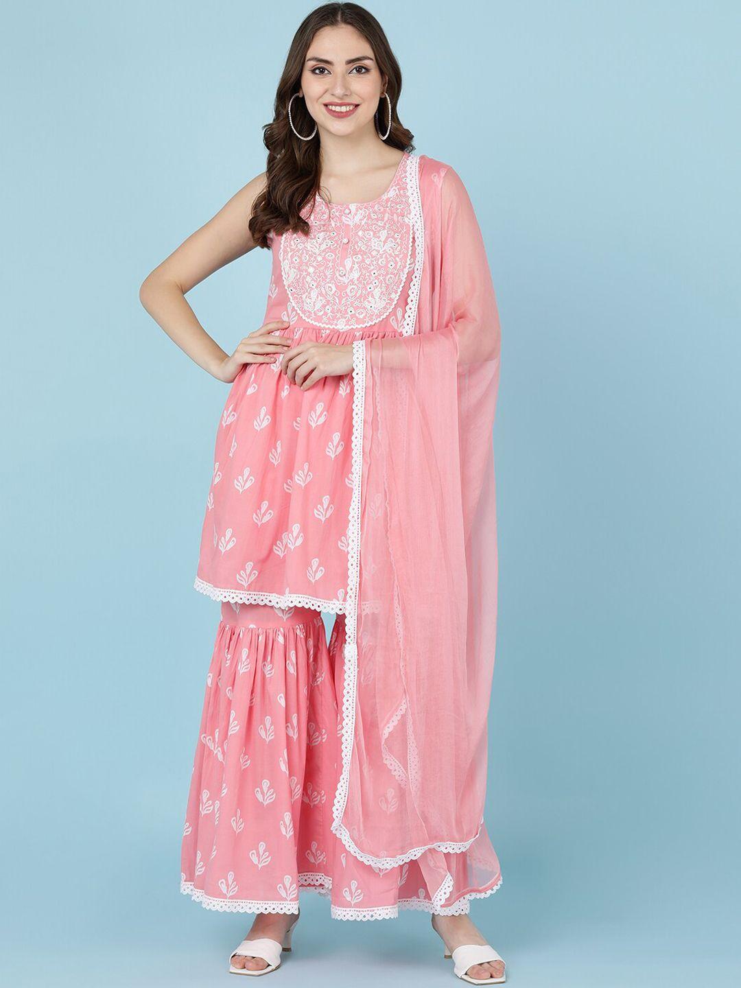 jaipur prime women pink ethnic motifs pure cotton kurti with sharara & with dupatta