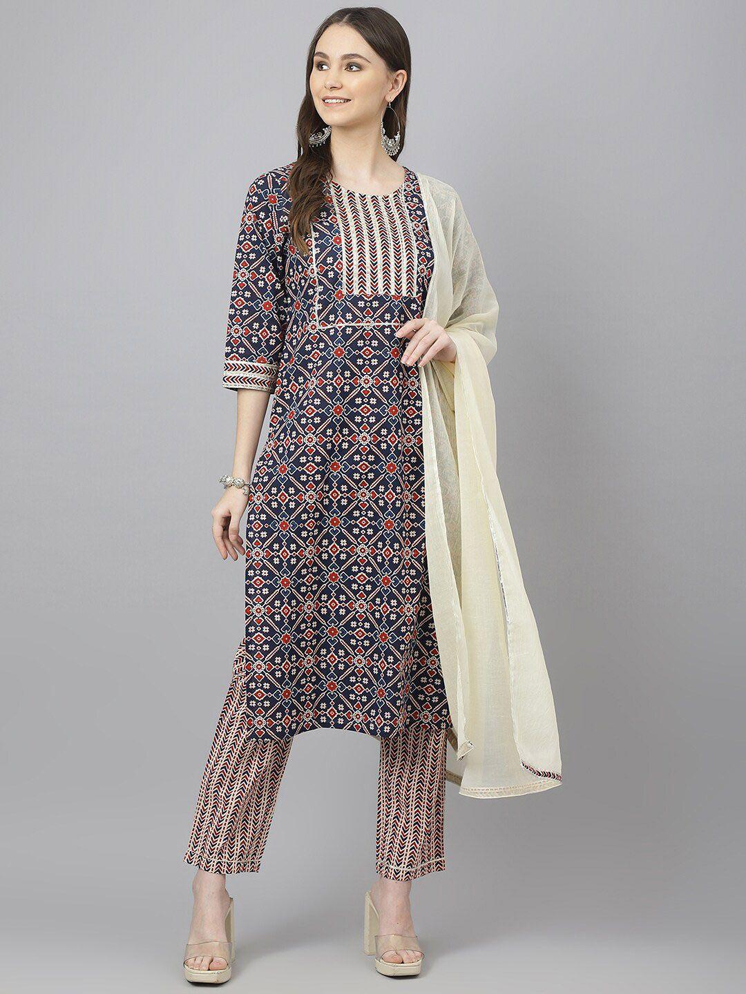 jaipur attire ethnic motifs printed gotta patti pure cotton kurta with trousers & dupatta