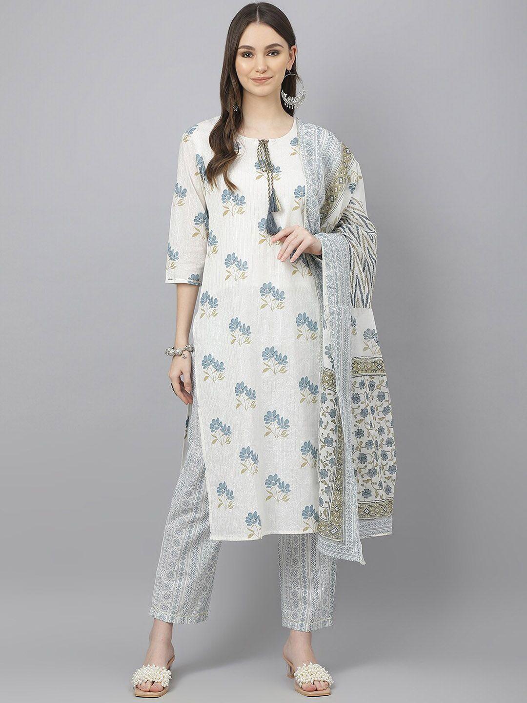 jaipur attire floral printed pure cotton kurta with trousers & dupatta