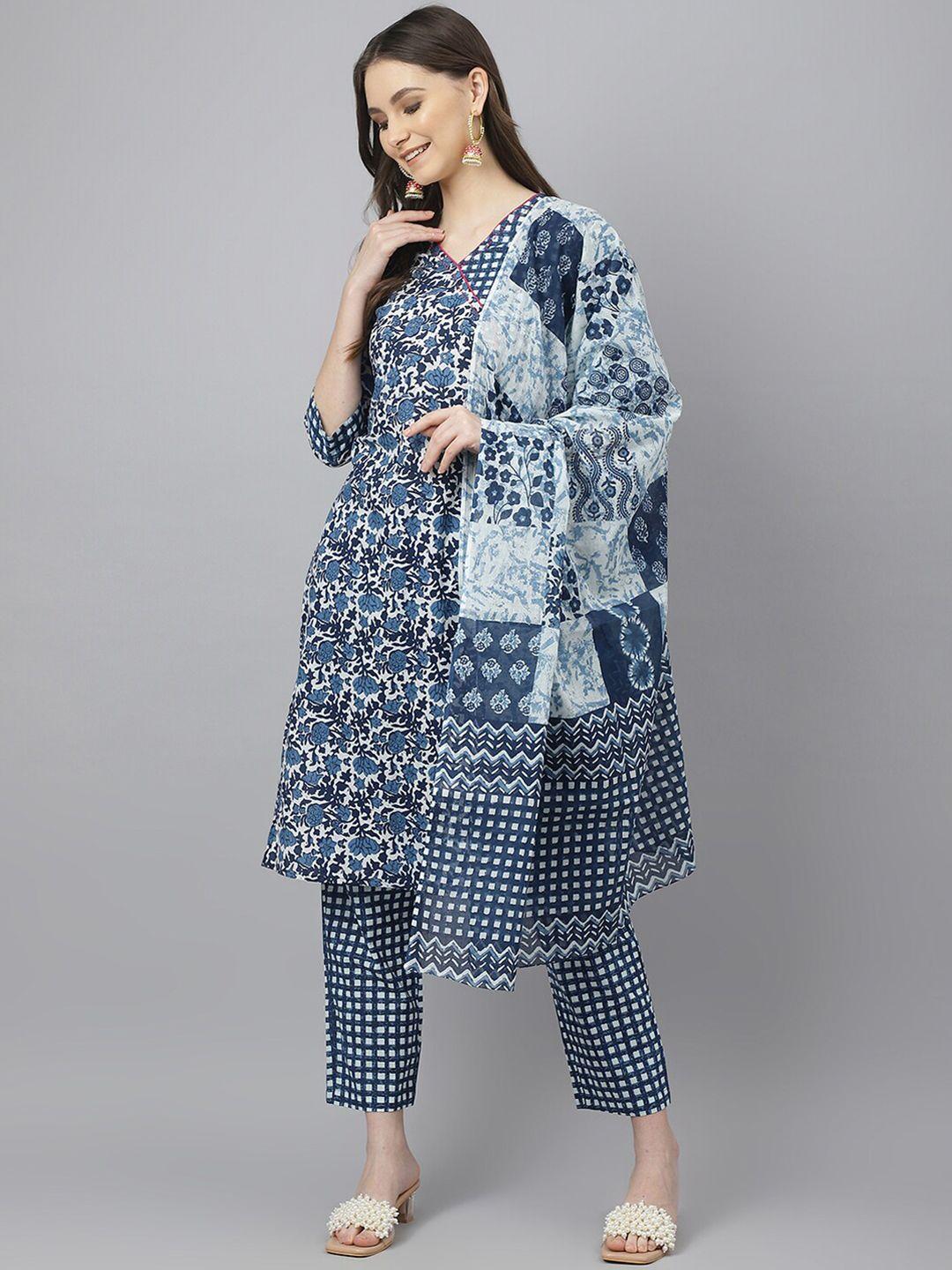 jaipur attire floral printed pure cotton kurta with trousers & dupatta