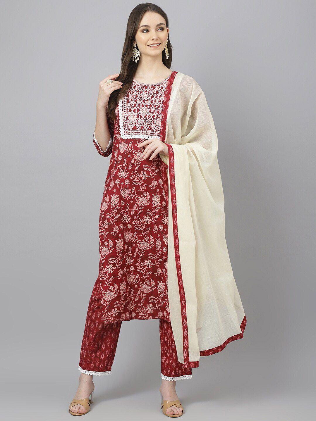 jaipur attire floral printed thread work pure cotton kurta with trousers & dupatta