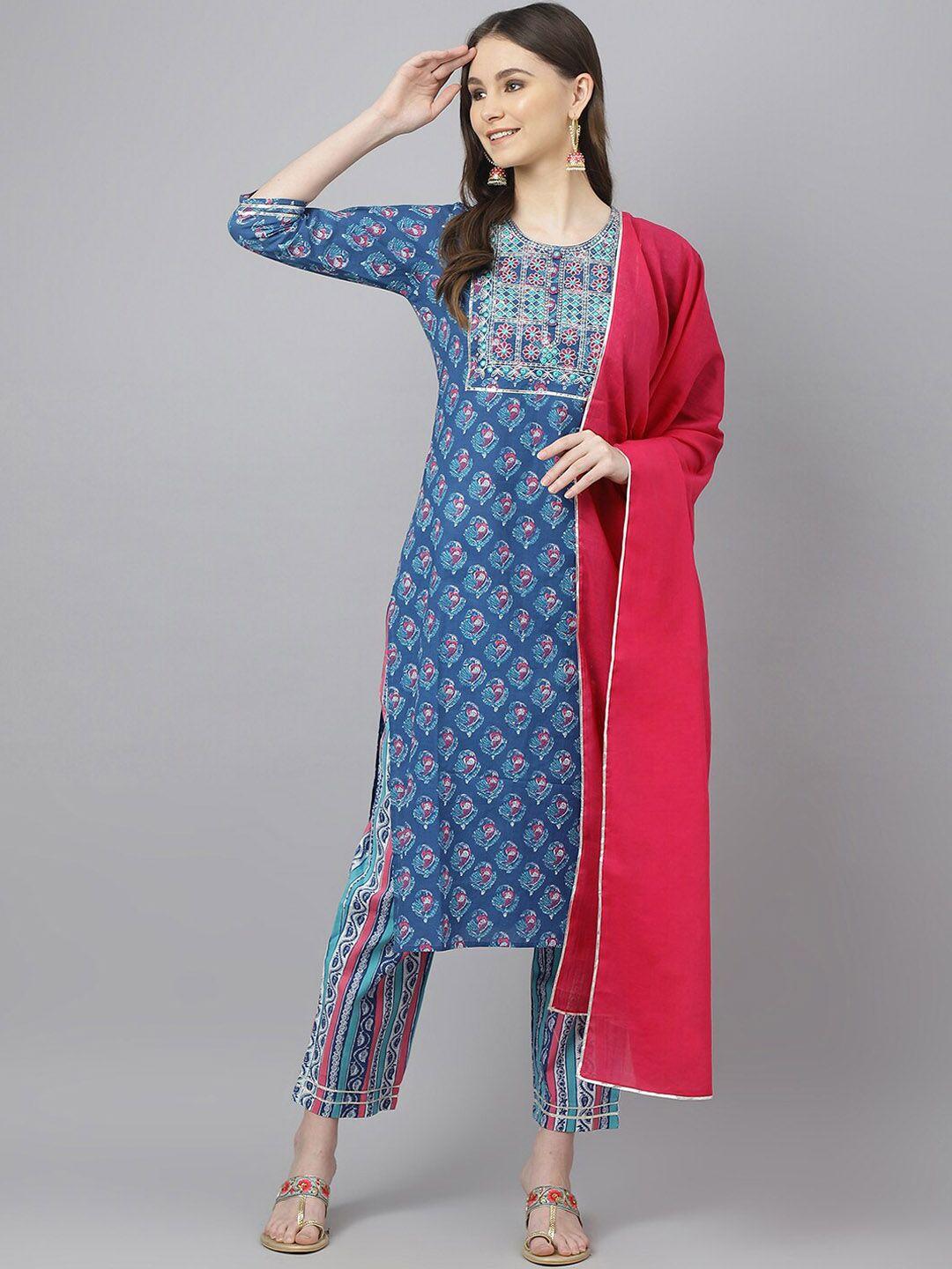 jaipur attire printed mirror work pure cotton kurta with trousers & dupatta