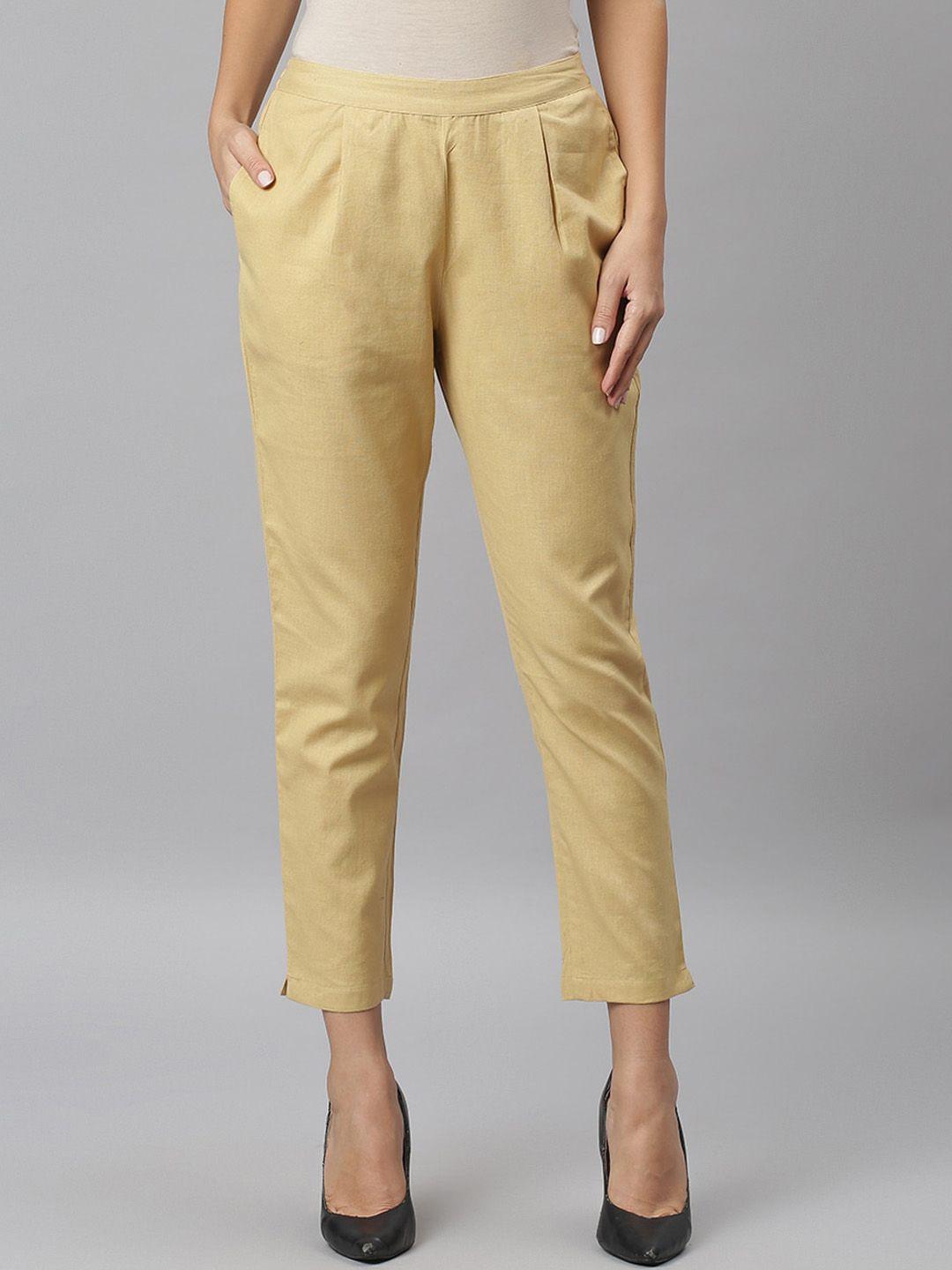 jaipur attire women beige solid pleated cigarette trousers
