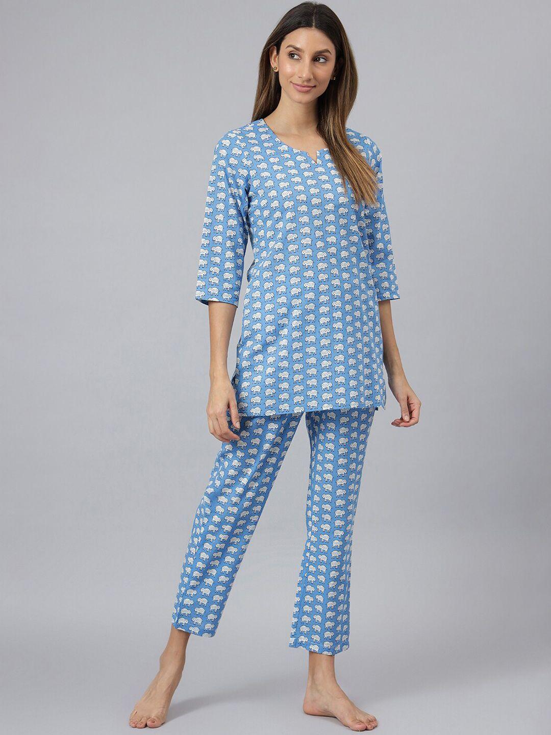 jaipur attire women blue & white printed cotton night suit-jans08-sky blue