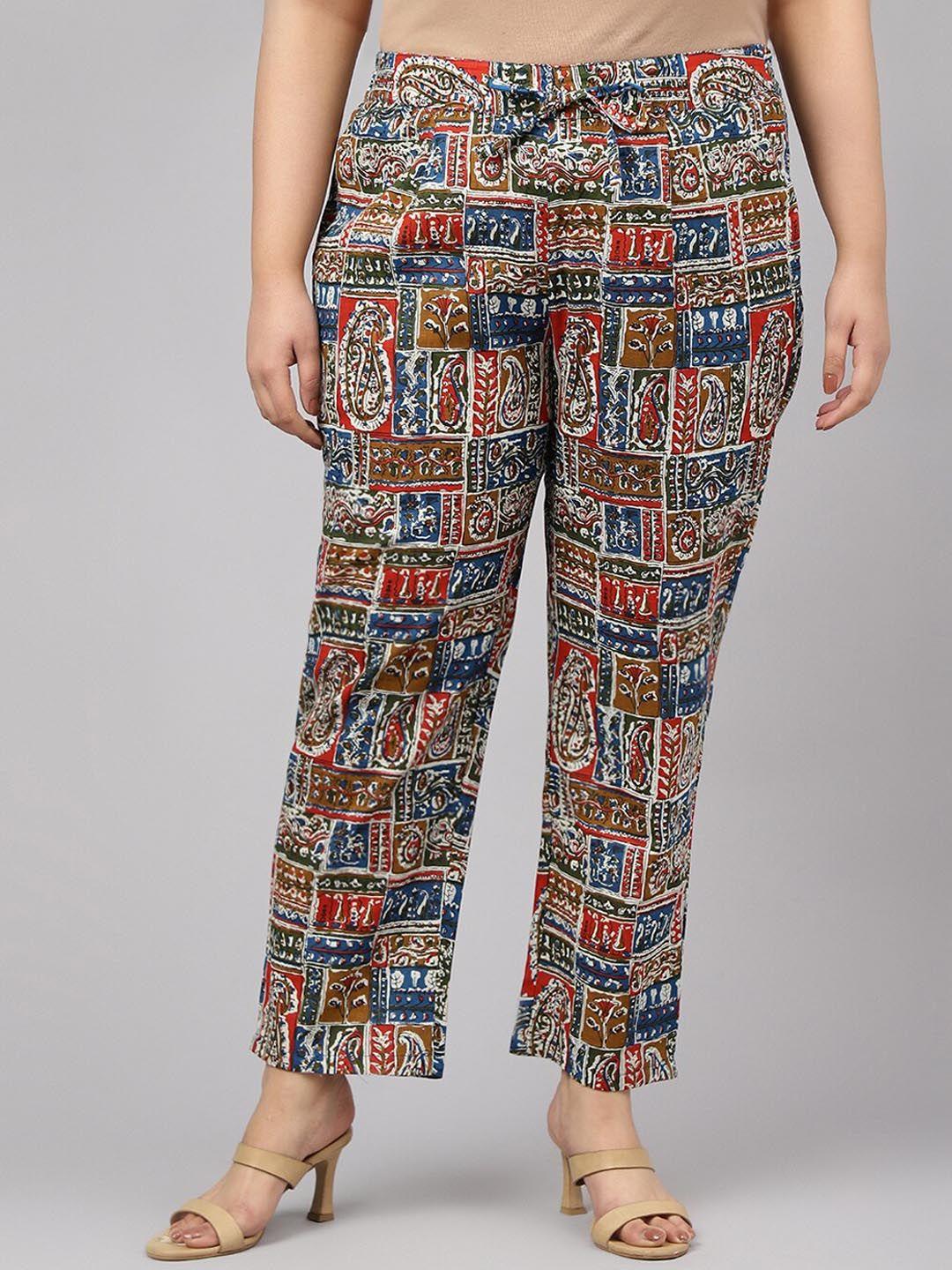 jaipur attire women plus size relaxed fit ethnic motifs printed cotton regular trousers