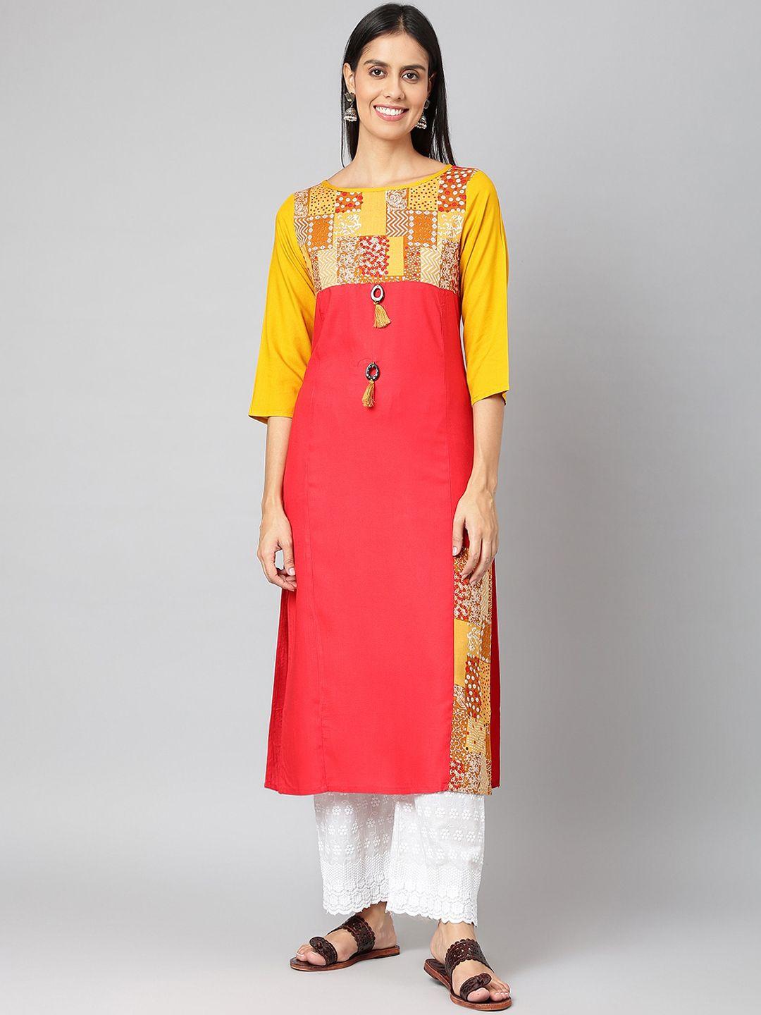 jaipur attire women red & yellow ethnic motifs yoke design kurta