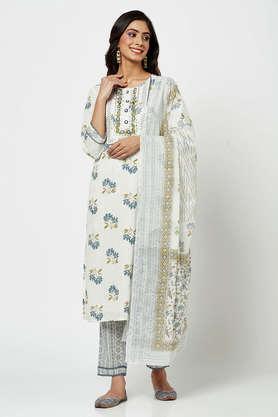 jaipur blocks printed straight kurta with pant and dupatta 3 piece set - blue