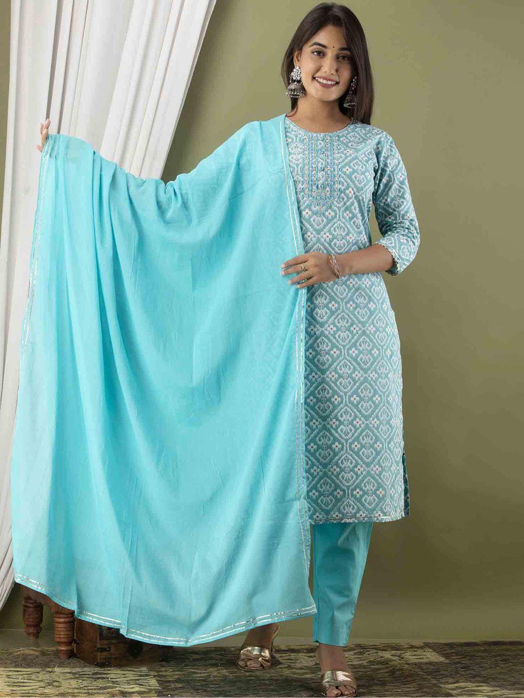 jaipur fashion mode ethnic motifs printed pure cotton kurta with trousers & dupatta