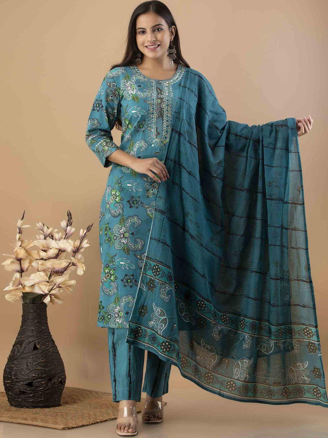jaipur fashion mode ethnic motifs printed pure cotton kurta with trousers & with dupatta