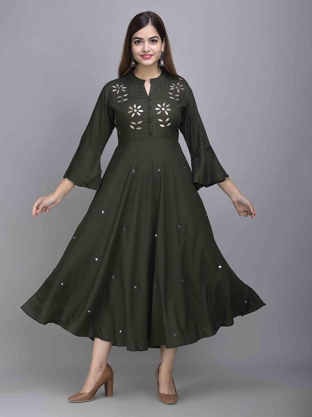 jaipur fashion mode floral embellished mandarin collar bell sleeves mirror work maxi dress