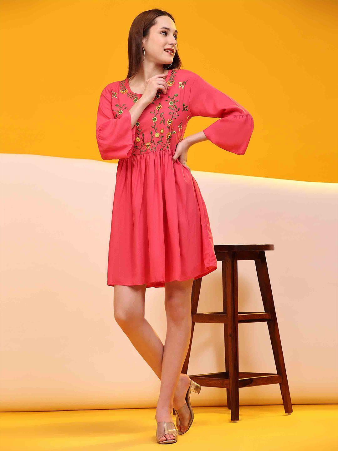 jaipur fashion mode floral embroidered bell sleeve fit & flare dress