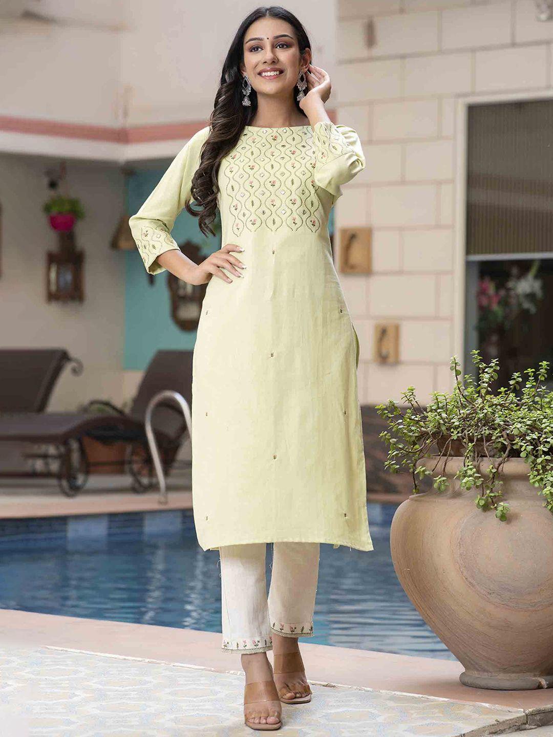 jaipur fashion mode floral embroidered regular mirror work kurta with trousers