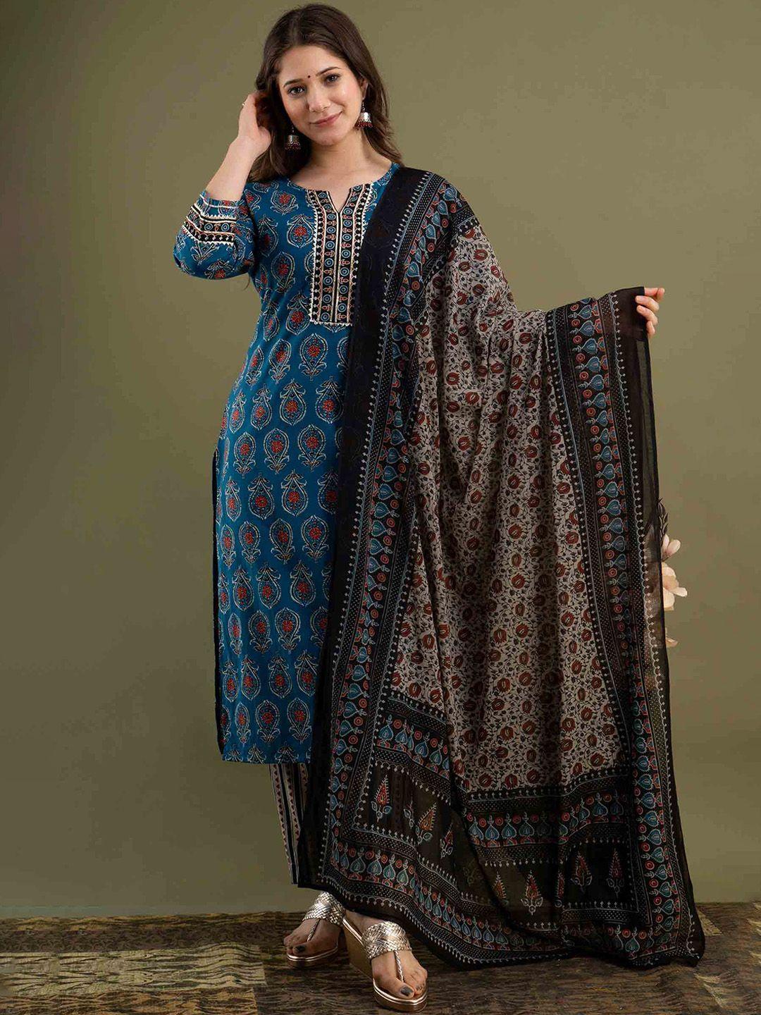 jaipur fashion mode floral printed pure cotton kurta with trousers & with dupatta