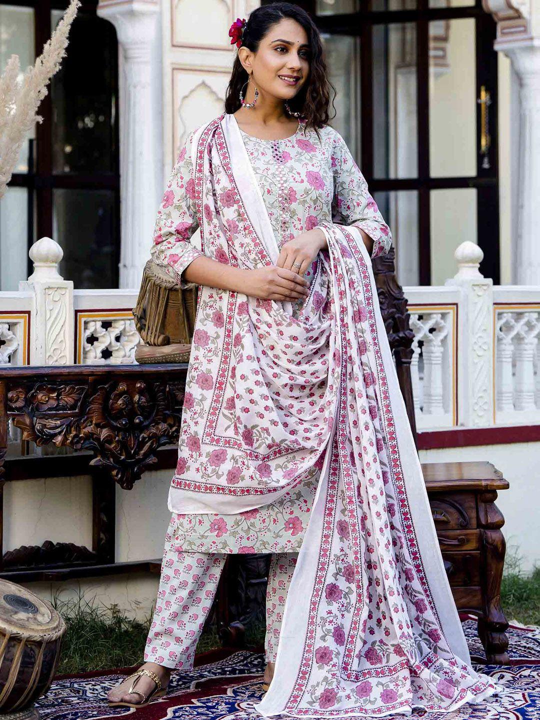 jaipur fashion mode floral printed pure cotton kurta with trousers & with dupatta