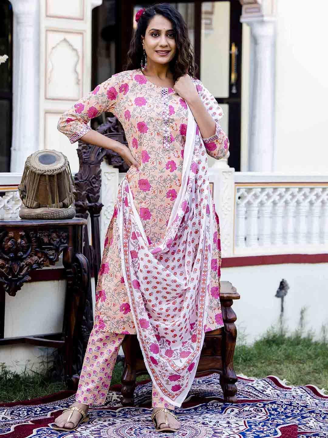 jaipur fashion mode floral printed regular pure cotton kurta & trousers with dupatta