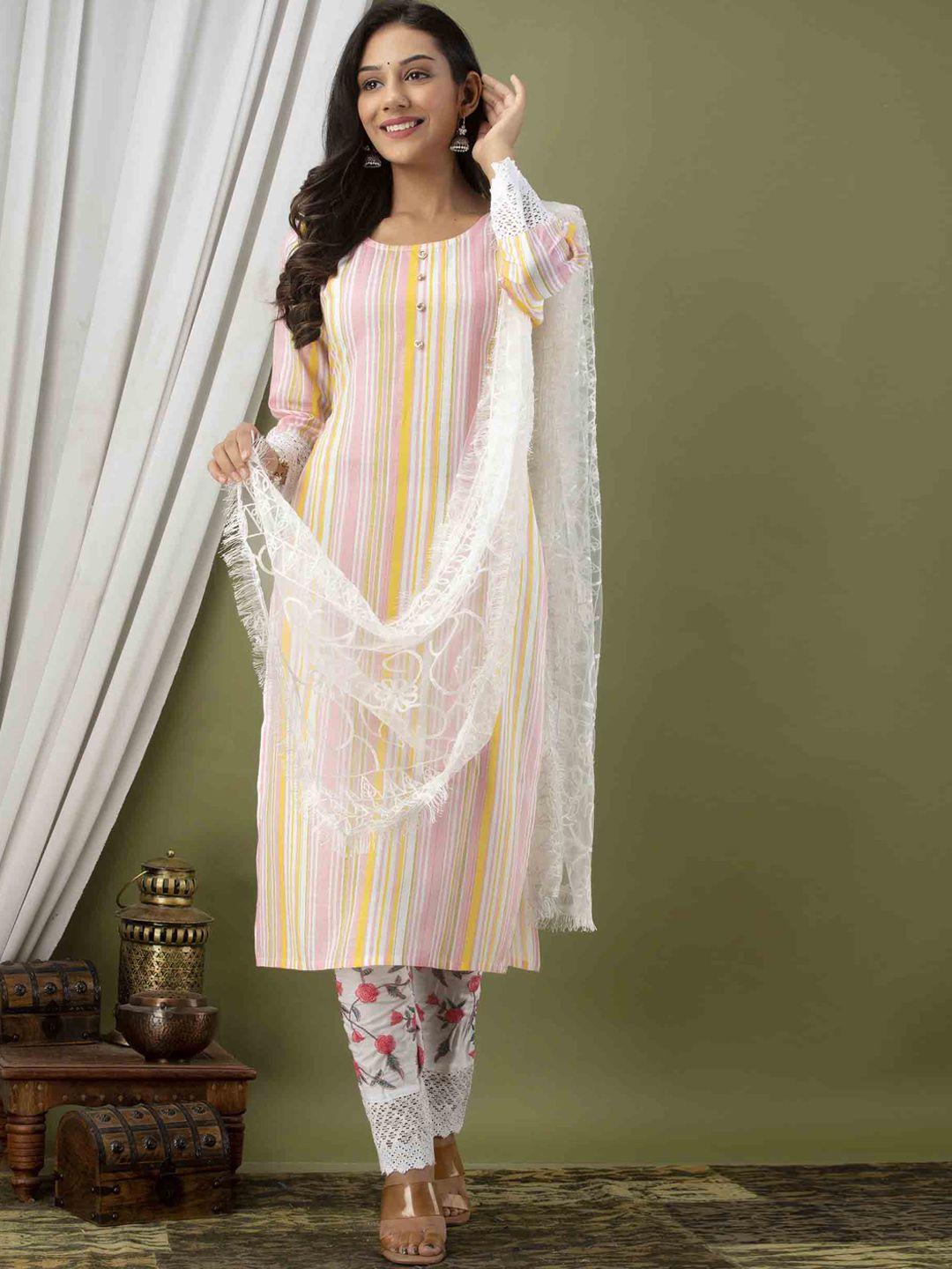 jaipur fashion mode striped straight kurta with trousers & dupatta