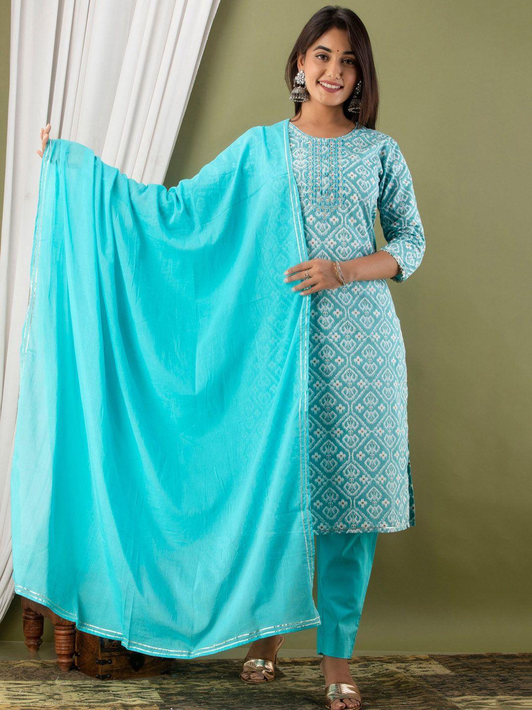 jaipur fashion mode women blue ethnic motifs printed pure cotton kurta set