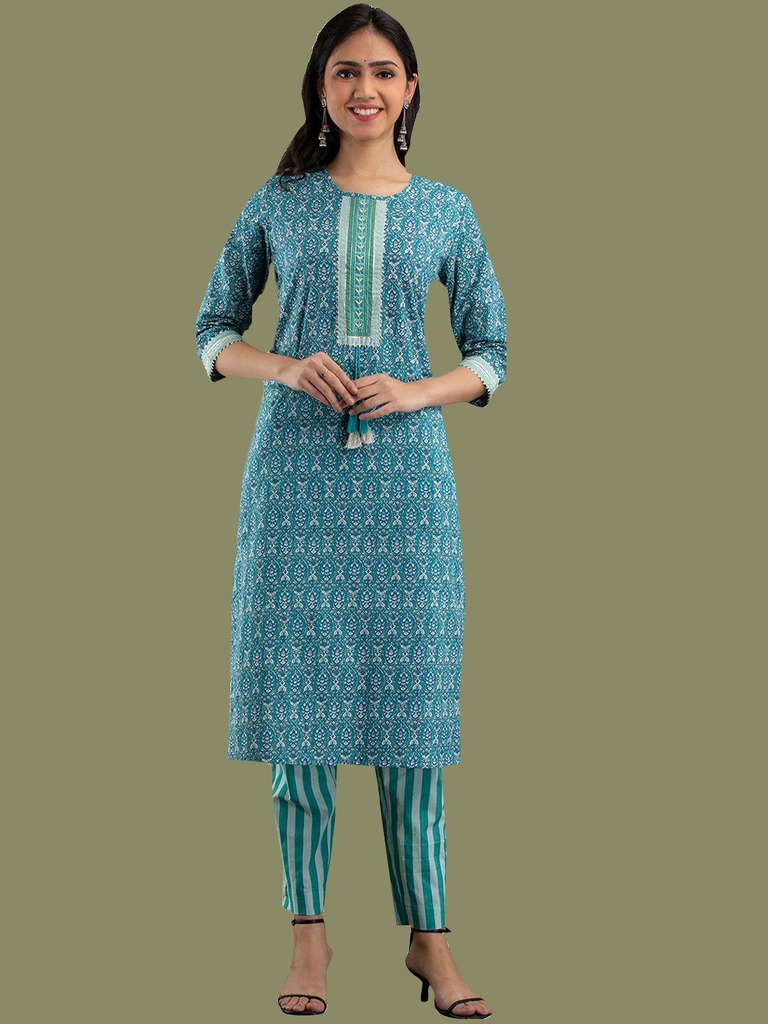 jaipur fashion mode women blue ethnic motifs printed pure cotton kurta with trousers