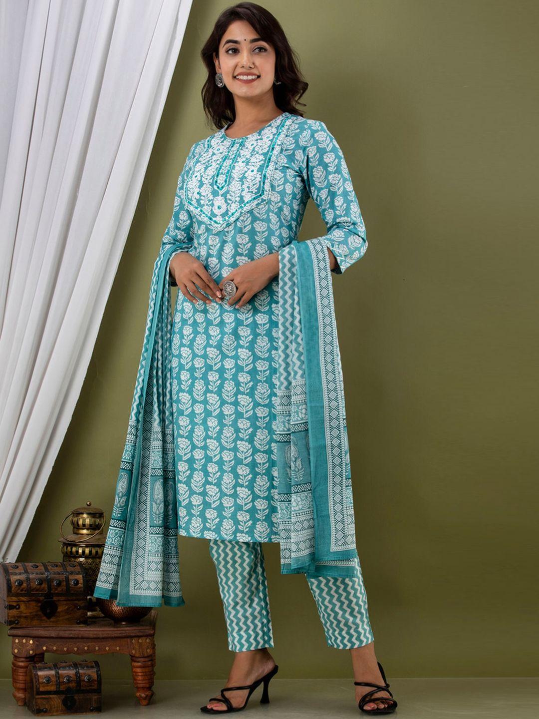 jaipur fashion mode women blue floral printed pure cotton kurta set