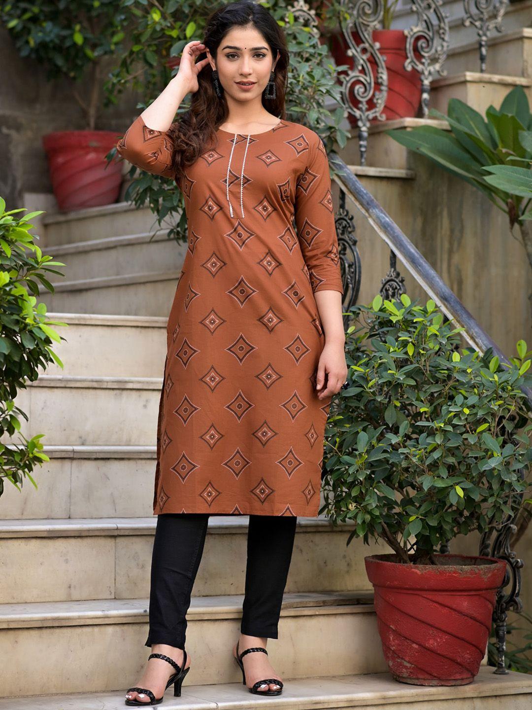jaipur fashion mode women brown geometric printed straight kurta