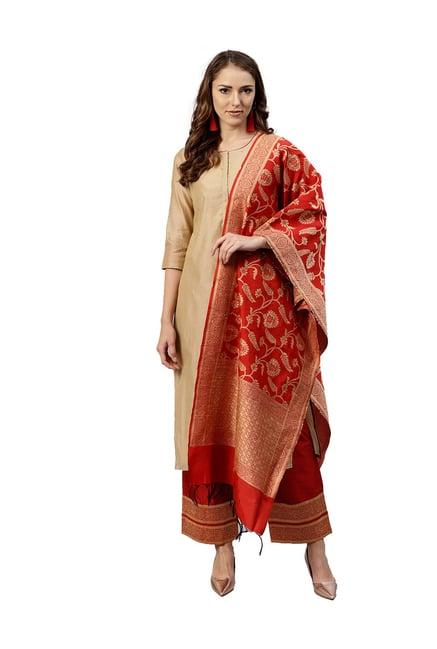 jaipur kurti beige & red 3/4th sleeves suit sets