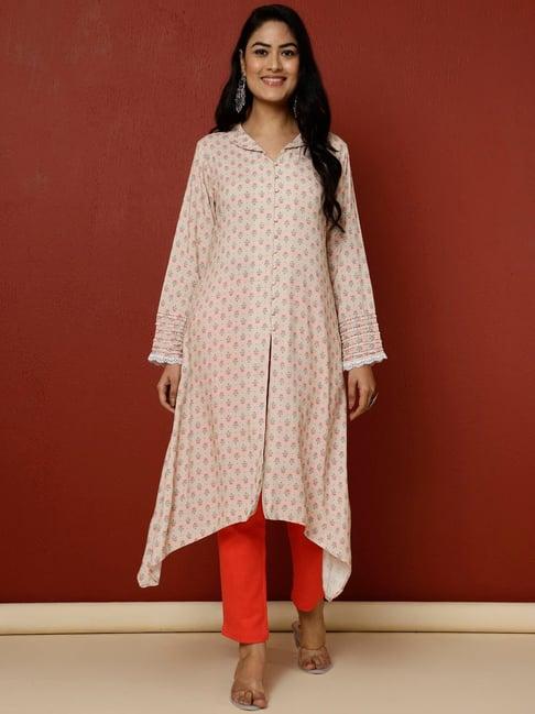 jaipur kurti beige printed high low kurta