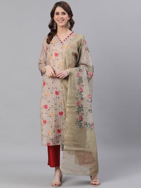 jaipur kurti beige printed kurta pant and dupatta sets