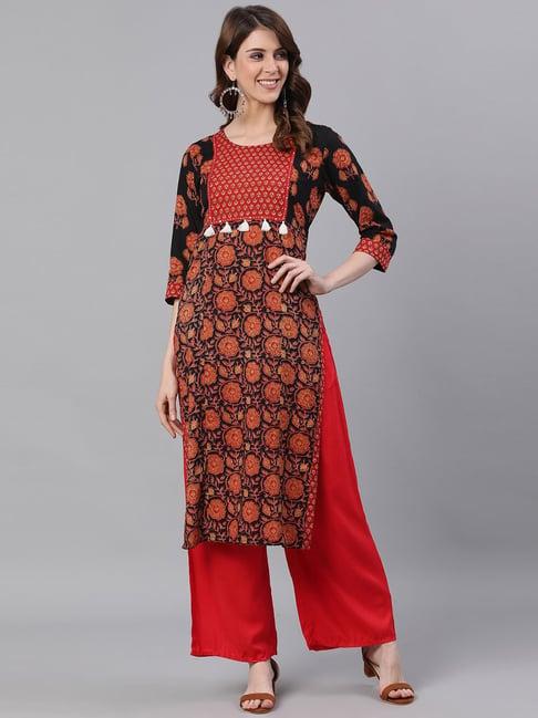 jaipur kurti black & red cotton printed straight kurta