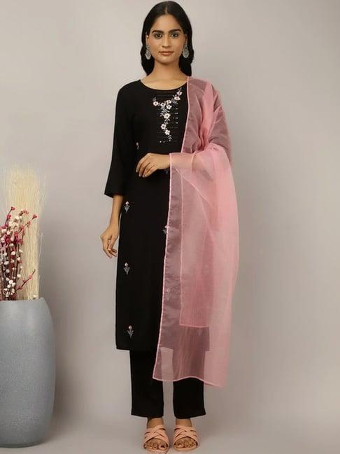 jaipur kurti black embroidered kurta pant set with dupatta