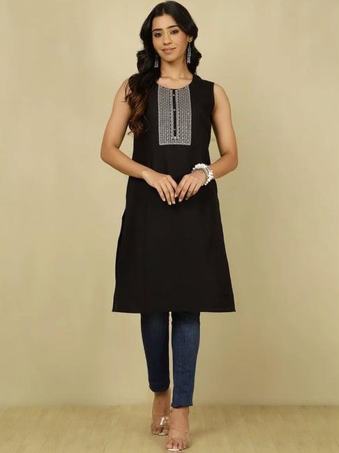 jaipur kurti black embroidered straight kurta