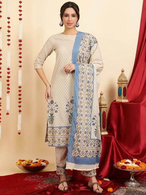 jaipur kurti blue & beige printed kurta with pant & dupatta