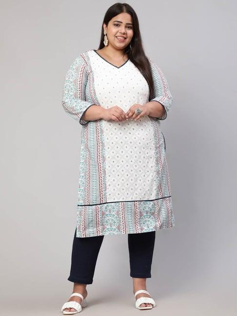 jaipur kurti blue & white cotton printed plus size straight kurta