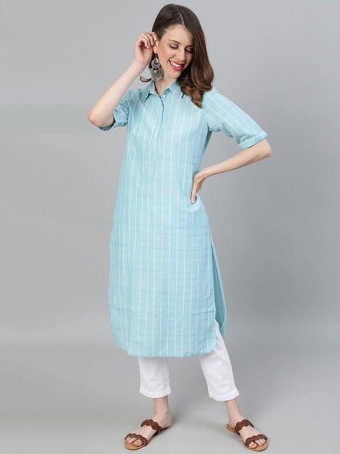 jaipur kurti blue check kurta pant set