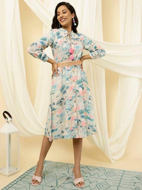 jaipur kurti blue cotton printed a line dress with belt