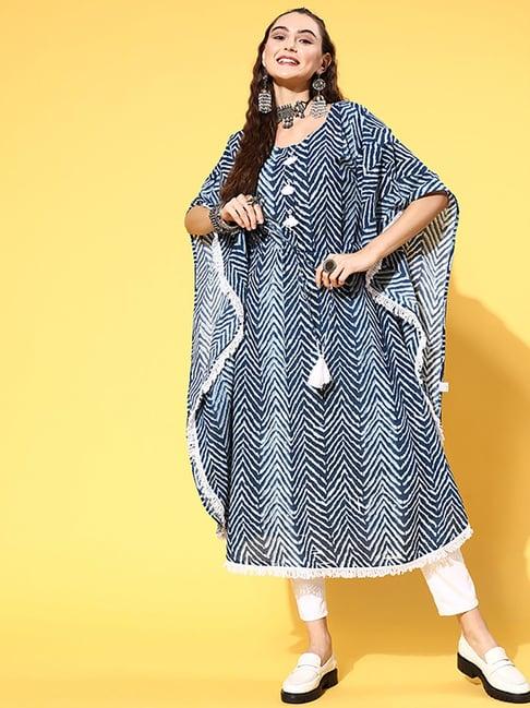 jaipur kurti blue cotton printed a line kaftan