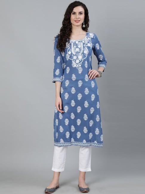 jaipur kurti blue embroidered straight kurta