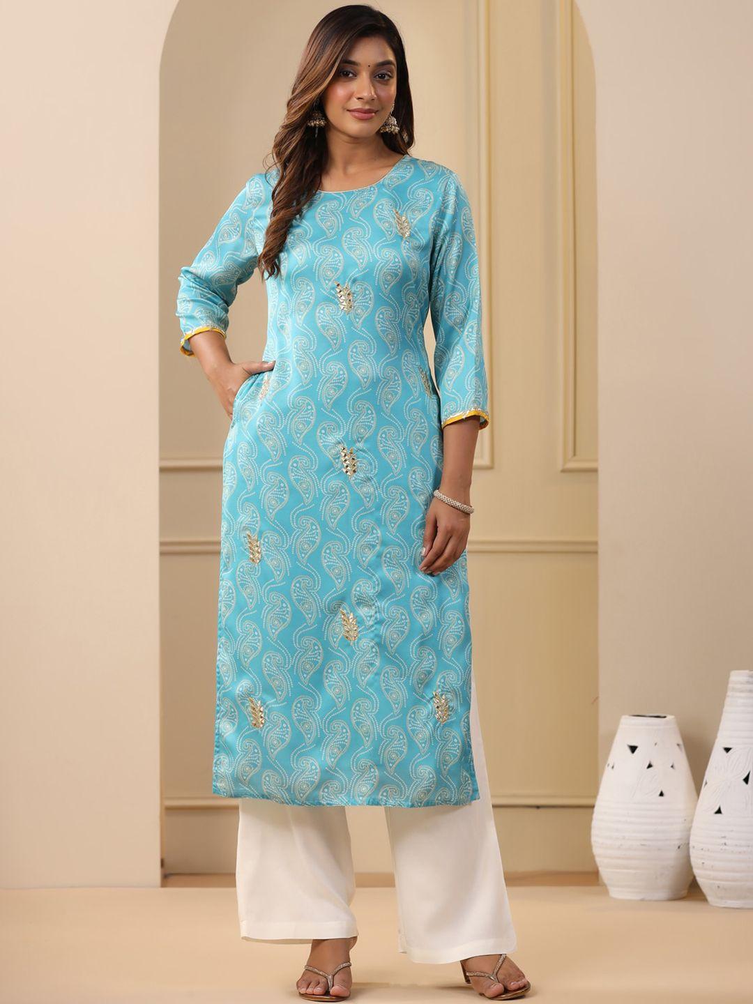 jaipur kurti blue ethinic motif thread work kurta