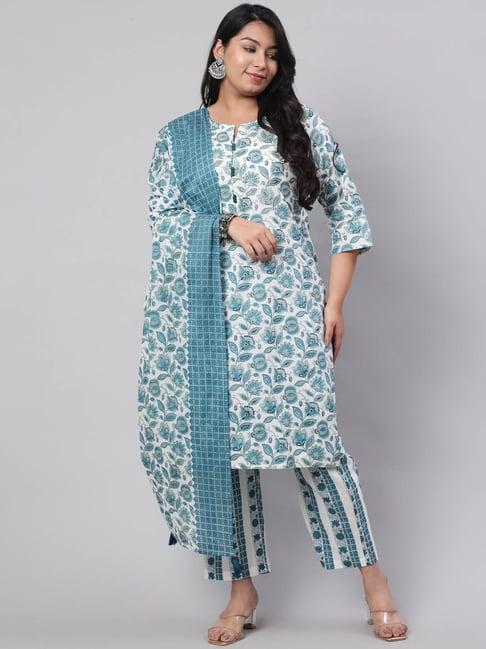 jaipur kurti blue floral print plus size kurta with pant & dupatta